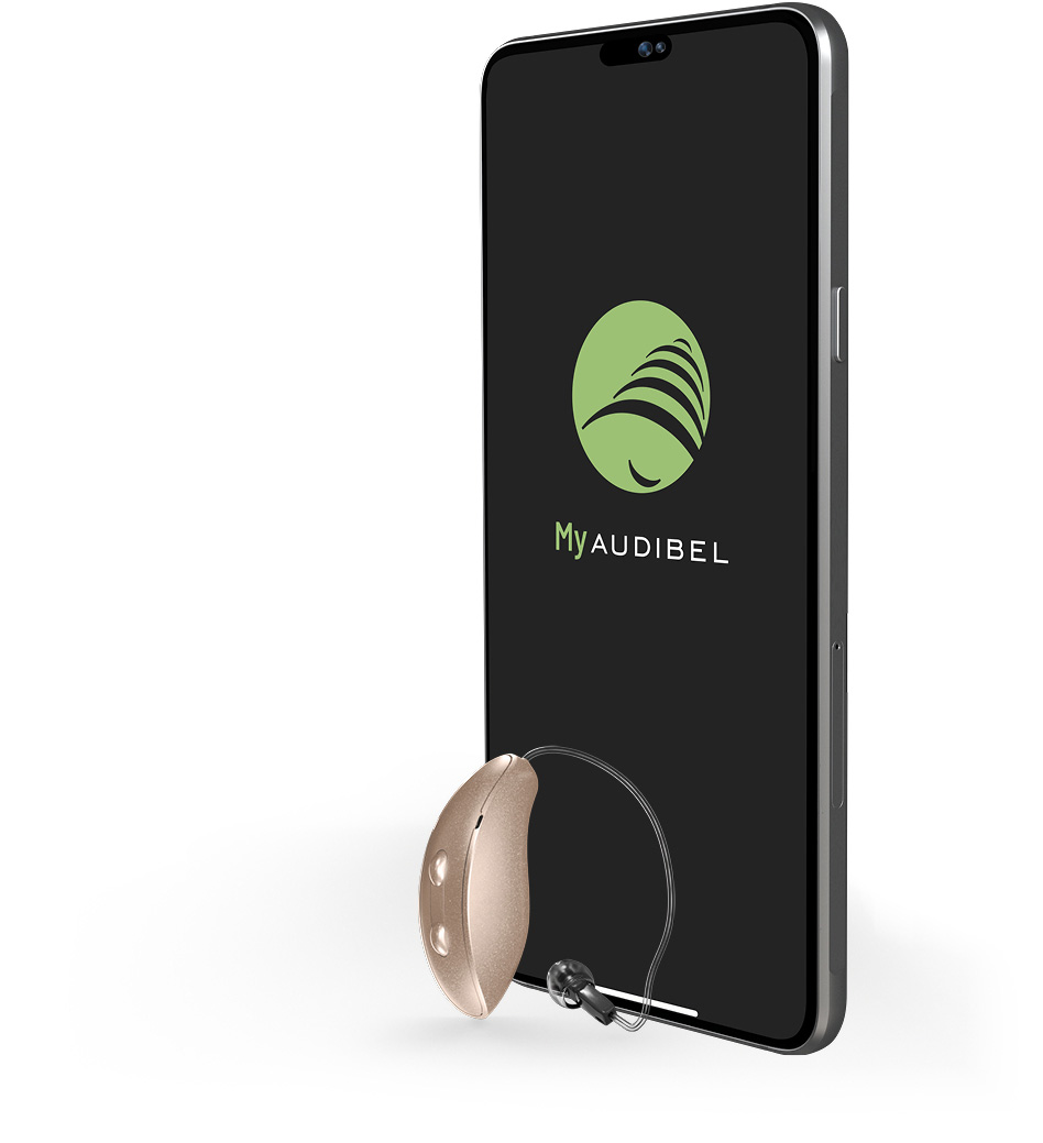 A beige RIC 312 hearing aid next to a smartphone displaying the My Audibel app